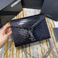 Saint Laurent Cassandra Monogram Clasp Shoulder Bag in Crocodile Embossed Leather 532750 Black/Silver 2020