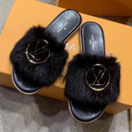 Louis Vuitton LV Mink Fur Flat Slide Sandals Black 2020