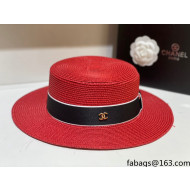 Chanel Straw Wide Brim Hat CHH31409 Red 2022