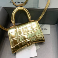 Balenciaga Hourglass Mini Nano Top Handle Bag in Crocodile Embossed Calfskin Gold 2021