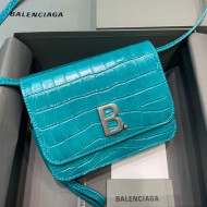 Balenciaga B. Small Crossbody Bag in Crocodile Embossed Leather 92951 Blue 2021