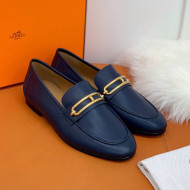 Hermes Colette Calfskin Loafers with Roulis Buckle Navy Blue 2021