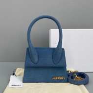 Jacquemus Le Chiquito Small Top Handle Bag in Crocodile Embossed Suede Blue 2021