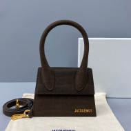 Jacquemus Le Chiquito Small Top Handle Bag in Crocodile Embossed Suede Dark Brown 2021