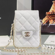 Chanel Quilted Lambskin Phone Holder with Chain and Pearl AP1624 White 2020