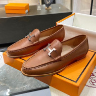 Hermes Paris Calfskin Flat loafers with H Buckle Brown 2020