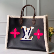 Louis Vuitton Onthego GM Tote Bag in Leather and Monogram Shearling Wool M56958 Black 2020