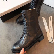 Chanel Calfskin Flat Lace up Mid-Shaft  Boot Black 2019  