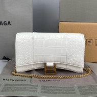 Balenciaga Hourglass Chain Wallet in Shiny Crocodile Leather White 2021