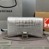 Balenciaga Hourglass Chain Wallet in Shiny Crocodile Leather Silver 2021