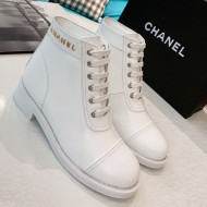 Chanel Calfskin Metal Logo Flat Short Boot White 2019