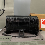 Balenciaga Hourglass Chain Wallet in Shiny Crocodile Leather All Black 2021