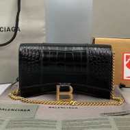 Balenciaga Hourglass Chain Wallet in Shiny Crocodile Leather Black/Gold 2021