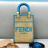 Fendi Sunshine Mini Shopper Tote Bag in Braided Straw Blue 2021 8376 