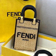 Fendi Sunshine Mini Shopper Tote Bag in Braided Straw Black 2021 8376 