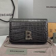 Balenciaga B. Chain Wallet in Crocodile Embossed Leather 92955 Dark Grey 2021