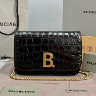 Balenciaga B. Chain Wallet in Crocodile Embossed Leather 92955 Black 2021