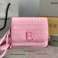 Balenciaga B. Small Crossbody Bag in Crocodile Embossed Leather 92951 Light Pink 2021