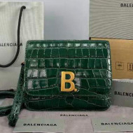 Balenciaga B. Small Crossbody Bag in Crocodile Embossed Leather 92951 Dark Green 2021