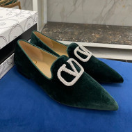Valentino Crystal VLogo Velvet Flat Loafers with Pointed Toe Green 2021