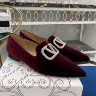 Valentino Crystal VLogo Velvet Flat Loafers with Pointed Toe Burgundy 2021
