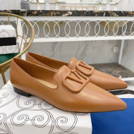 Valentino VLogo Calfskin Flat Loafers with Pointed Toe Light Brown 2021