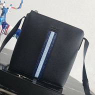 Prada Men's Saffiano Leather Shoulder Bag with Crocodile Embossed Web 2VH062 Black/Blue 2019