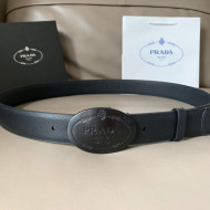 Prada Men's Saffiano Leather Belt 3.4cm with Metal Logo Buckle All Black 2021