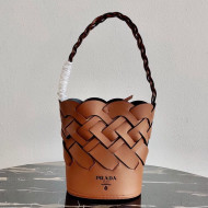 Prada Woven Leather Tress Bucket Bag 1BE049 Brown 2020