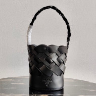 Prada Woven Leather Tress Bucket Bag 1BE049 Black 2020