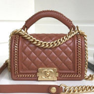 Chanel Chain Trim Quilted Leather Classic Small Boy Flap Top Handle Bag Brown 2019