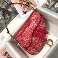Dior Medium Saddle Bag in Raspberry Red Toile de Jouy Reverse Jacquard Embroidery M0446 