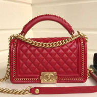 Chanel Chain Trim Quilted Leather Classic Medium Boy Flap Top Handle Bag Red 2019