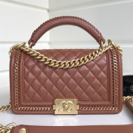 Chanel Chain Trim Quilted Leather Classic Medium Boy Flap Top Handle Bag Brown 2019