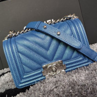 Chanel Iridescent Chevron Grained Leather Classic Small Boy Flap Bag Blue/Silver 2019