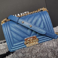 Chanel Iridescent Chevron Grained Leather Classic Small Boy Flap Bag Blue/Gold 2019