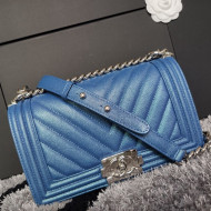 Chanel Iridescent Chevron Grained Leather Classic Medium Boy Flap Bag Blue/Silver 2019