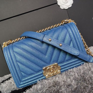 Chanel Iridescent Chevron Grained Leather Classic Medium Boy Flap Bag Blue/Gold 2019