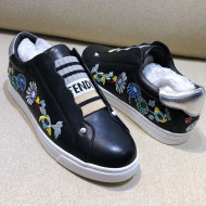 Fendi Slip-on Elastic Strap Sneakers in Black Embroidered Calfskin 2019