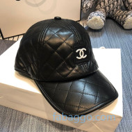 Chanel Quilted Leather-Like Baseball Hat with CC Patch Black 2020