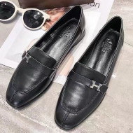 Hermes Calfskin Side H Buckle Flat Loafer Black 2019