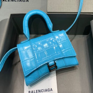 Balenciaga Hourglass Mini Nano Top Handle Bag in Crocodile Embossed Calfskin Azur Blue 2021