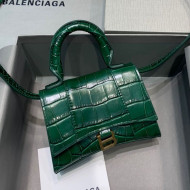 Balenciaga Hourglass Mini Nano Top Handle Bag in Crocodile Embossed Calfskin Green 2021