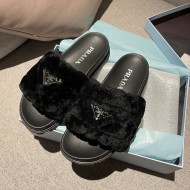 Prada Wool Flat Mule Sandals Black 2021