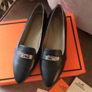 Hermes Kelly Calfskin Flat Loafers Black 