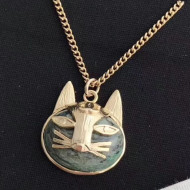 Chanel Cat Head Shaped Pendant Necklace Green/Gold 2019