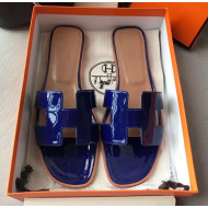 Hermes Patent Calfskin Leather Oran H Flat Slipper Sandals Electric Blue