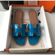Hermes Patent Calfskin Leather Oran H Flat Slipper Sandals Peacock Blue