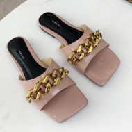 Versace Shiny Leather Chain Flat Slide Sandals Pink 2021