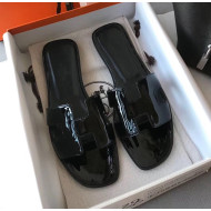Hermes Patent Calfskin Leather Oran H Flat Slipper Sandals All Black